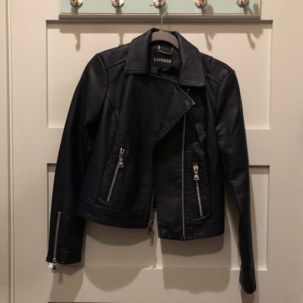 Navy moto jacket, faux leather, Express, NWT